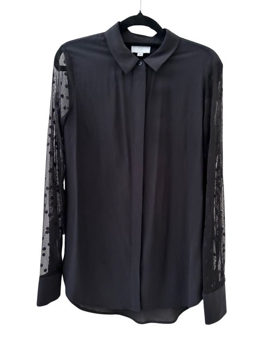 WITCHERY Black Silk Button Blouse with Sheer Sleeves / Black / Size 8