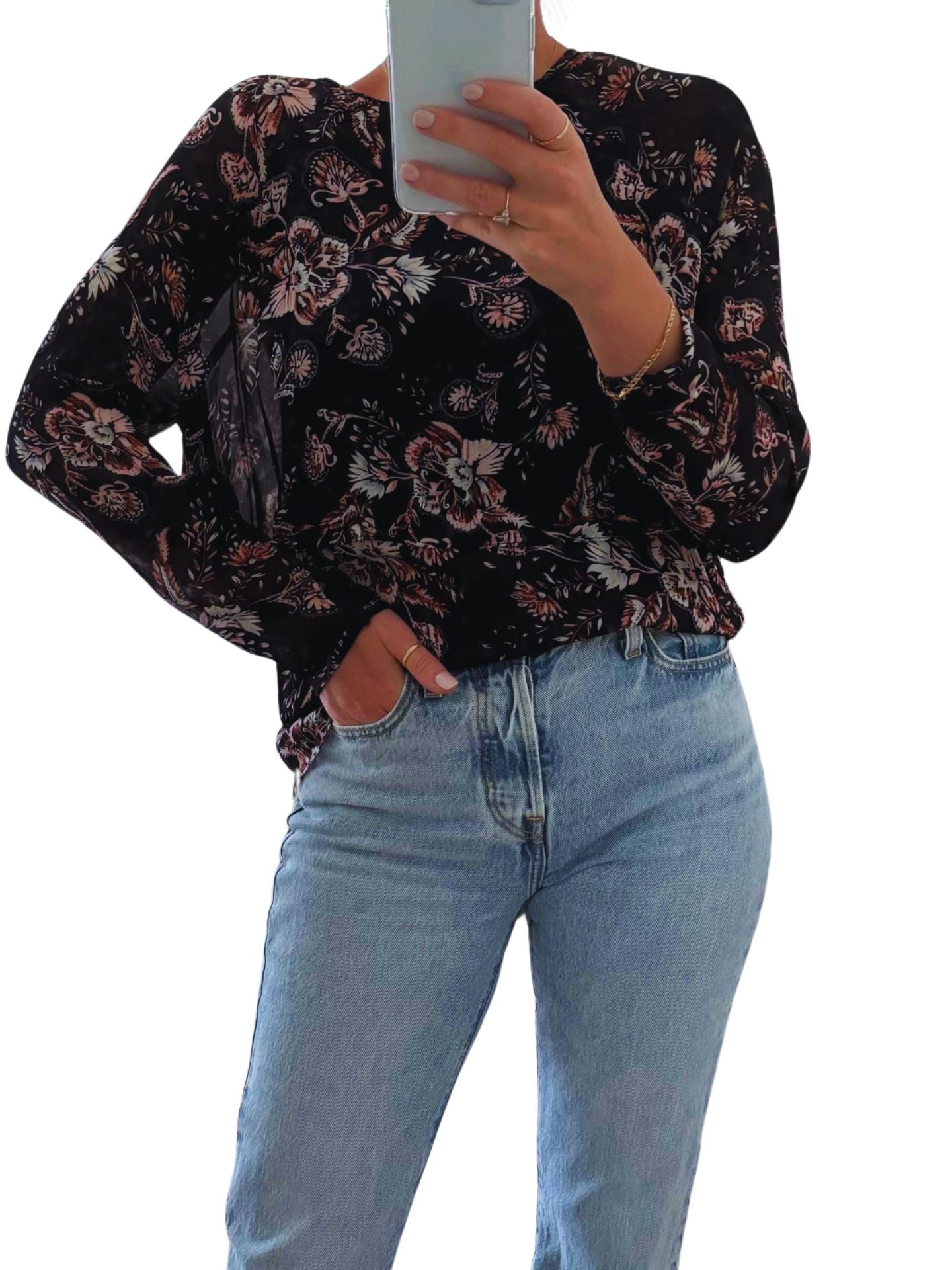 WITCHERY Long Sleeve Layered Blouse / Navy Floral Print / Size 8